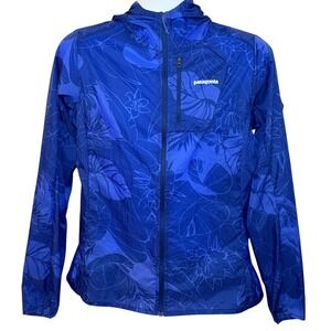 Patagonia Houdini Jacket Womens M Blue Floral Leaf Windbreaker Full Zip Hooded